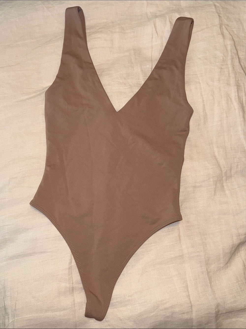 Babaton Taupe Deep V‑Neck Bodysuit